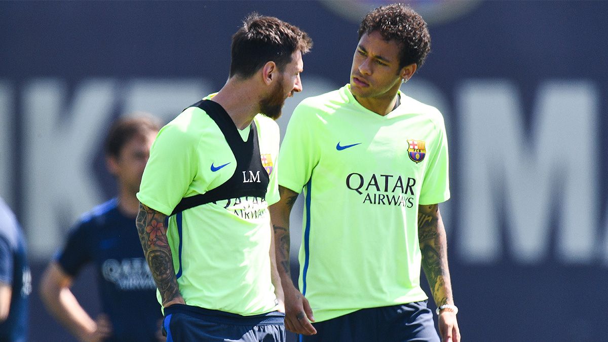 Leo Messi y Neymar en una sesión de entrenamiento del Barça