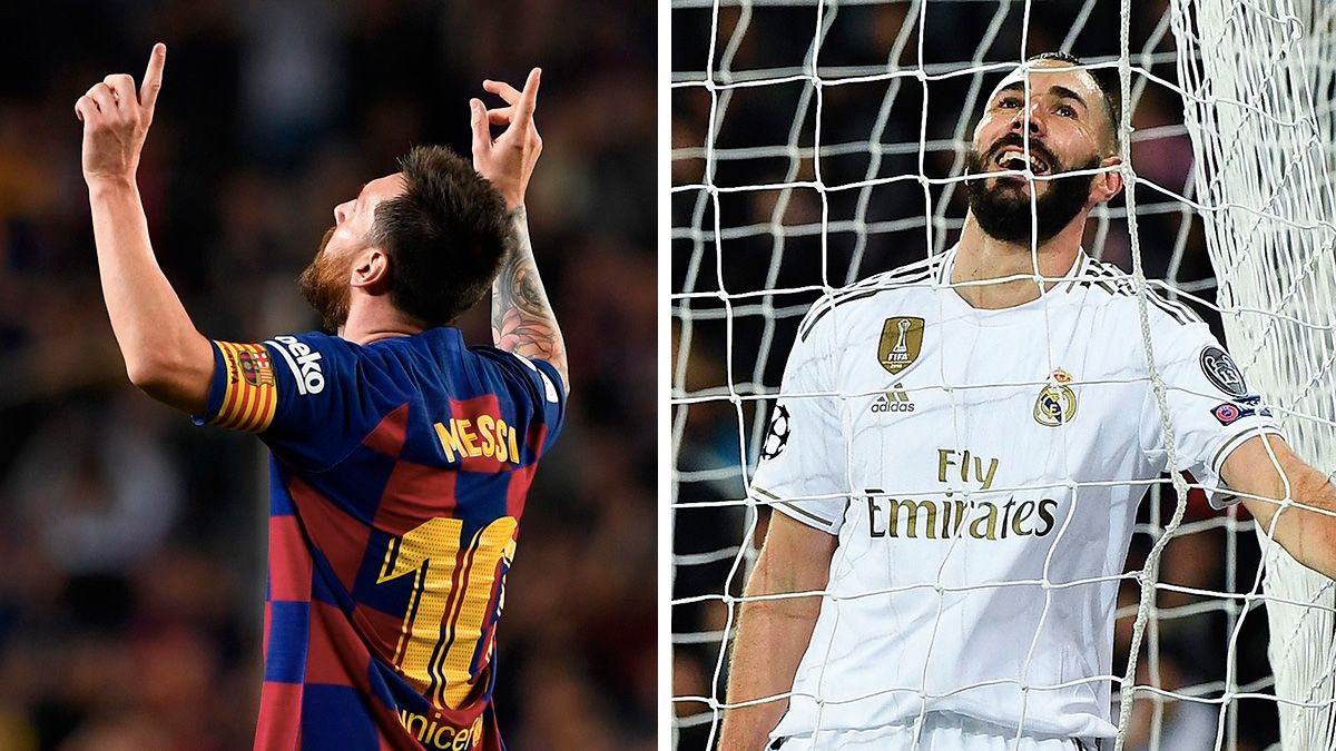 Leo Messi, celebrando un gol mientras Benzema se lamenta por haber fallado otro