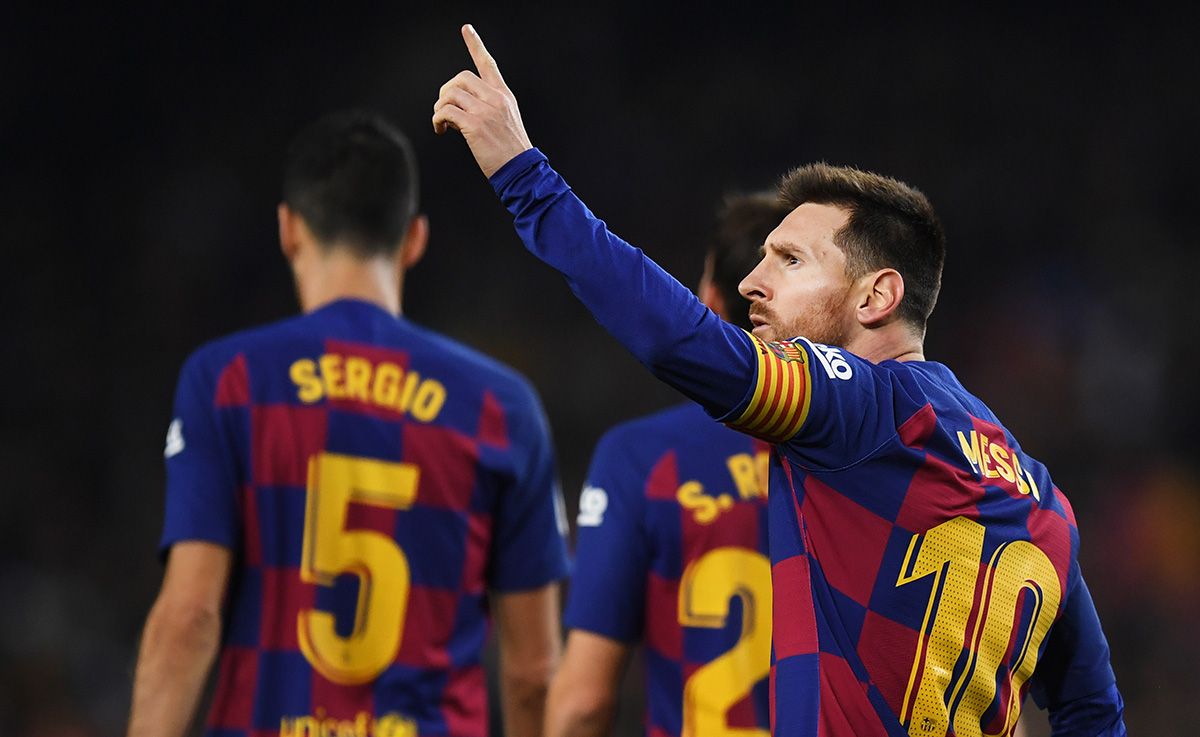 Leo Messi, celebrating one of his three goals against the Mallorca