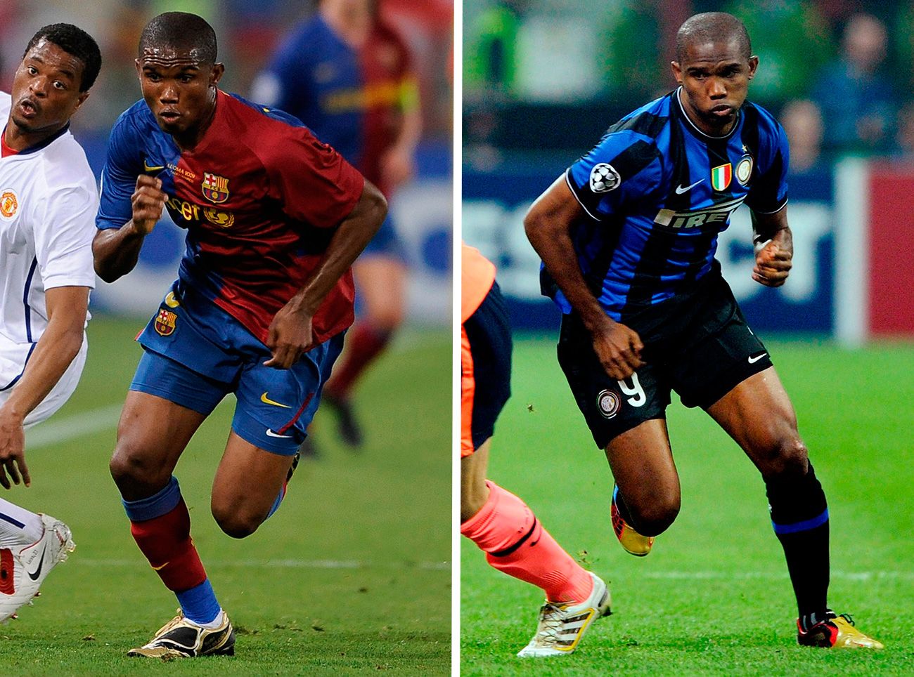 Samuel Eto'or with the T-shirts of the Inter and of the Barça