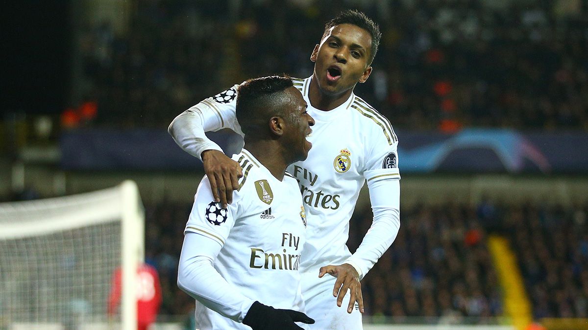Vinicius Jr and Rodrygo Goes celebrate a goal in the Brugge-Real Madrid