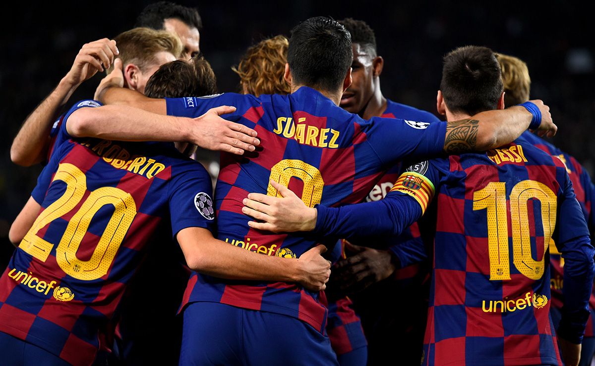 El FC Barcelona, celebrando un gol marcado en el Camp Nou