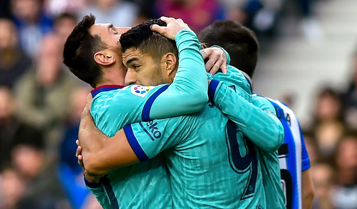 Leo Messi and Luis Suárez, celebrating the goal against the Real Sociedad