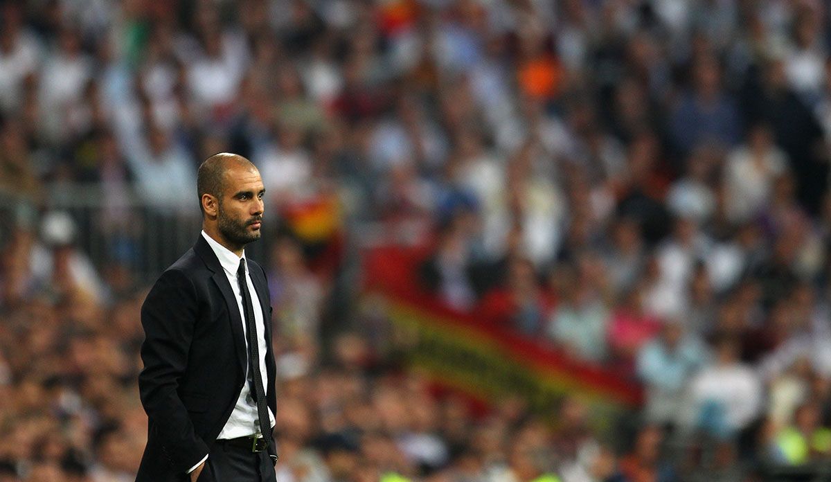 Pep Guardiola, during a match in Santiago Bernabéu