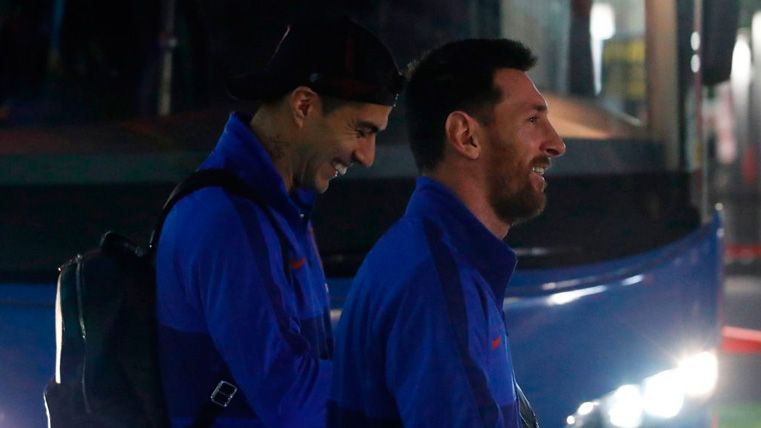 Leo Messi y Luis Suárez antes de un partido del Barça