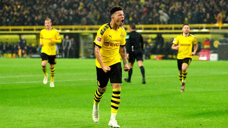 Jadon Sancho, target of Chelsea, celebrates a goal with Borussia Dortmund