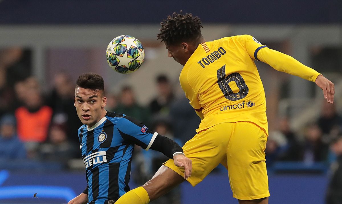 Jean-Clair Todibo, finishing an aerial shot against the Inter of Milan
