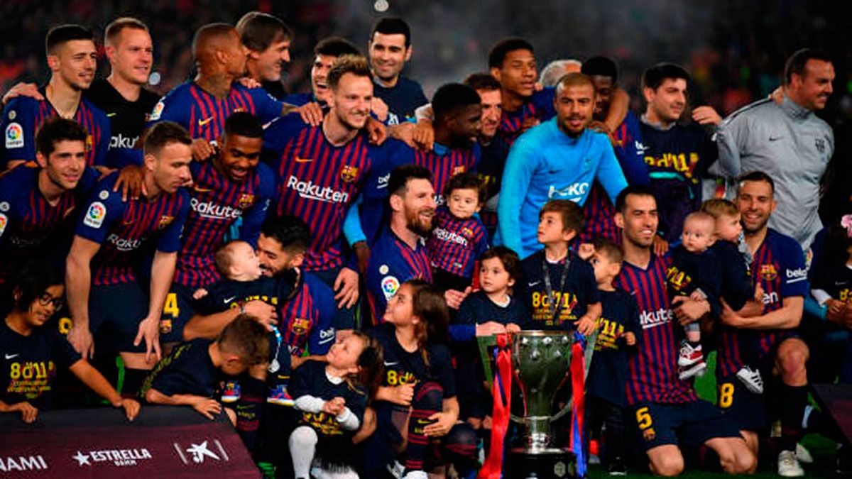 Jugadores del Barcelona, celebrando el título de Liga