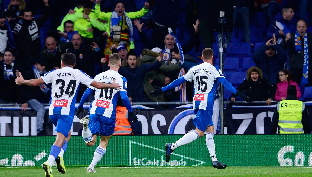 David López, celebrando el gol marcado contra el FC Barcelona