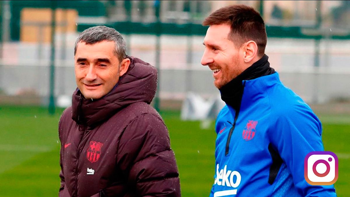 Leo Messi y Ernesto Valverde en un entrenamiento del Barça | @LeoMessi