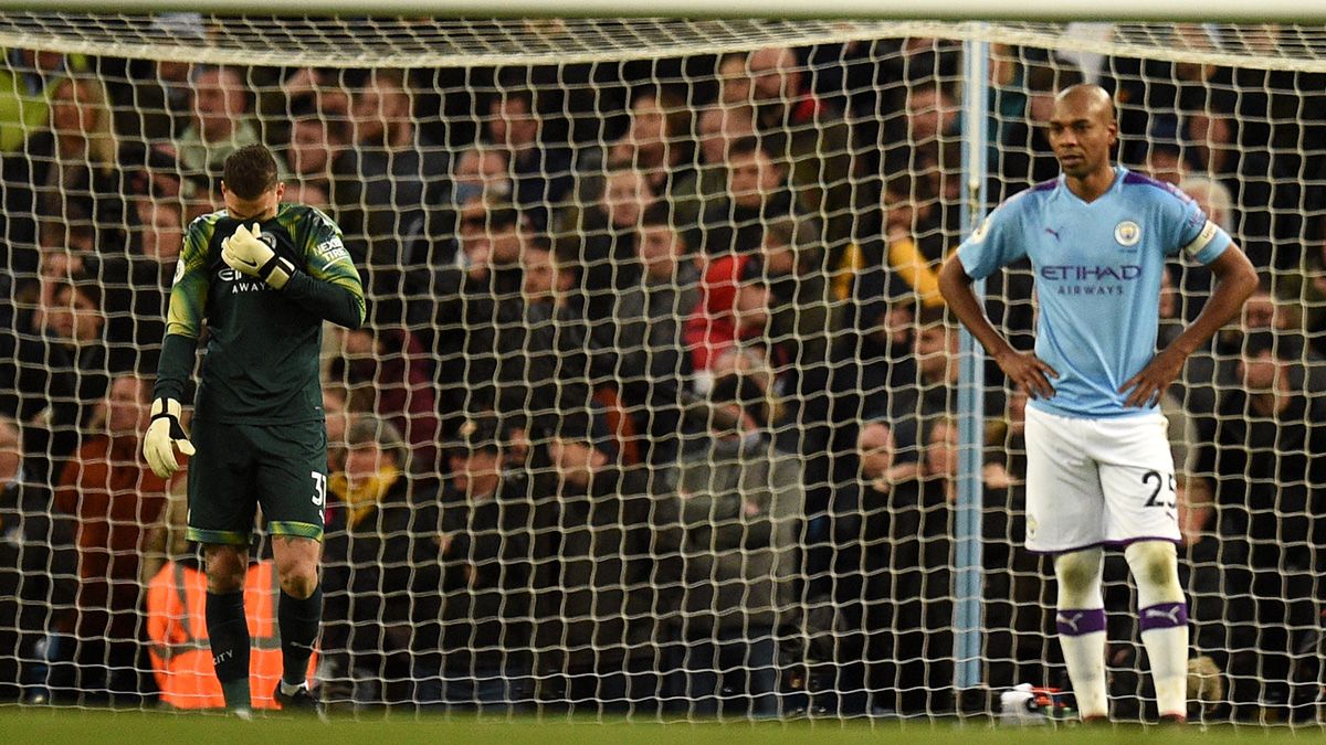 Fernandinho reacts after an own goal of Manchester City