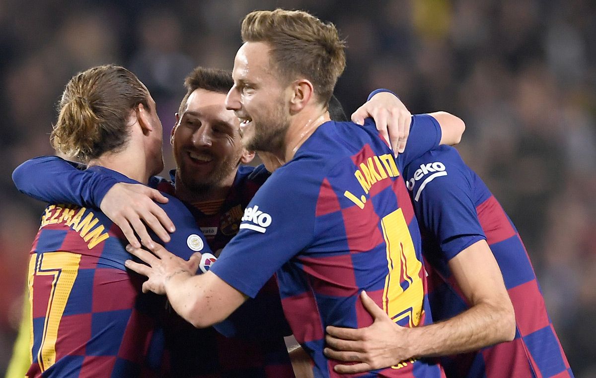 El FC Barcelona, celebrando el gol de Leo Messi contra el Granada