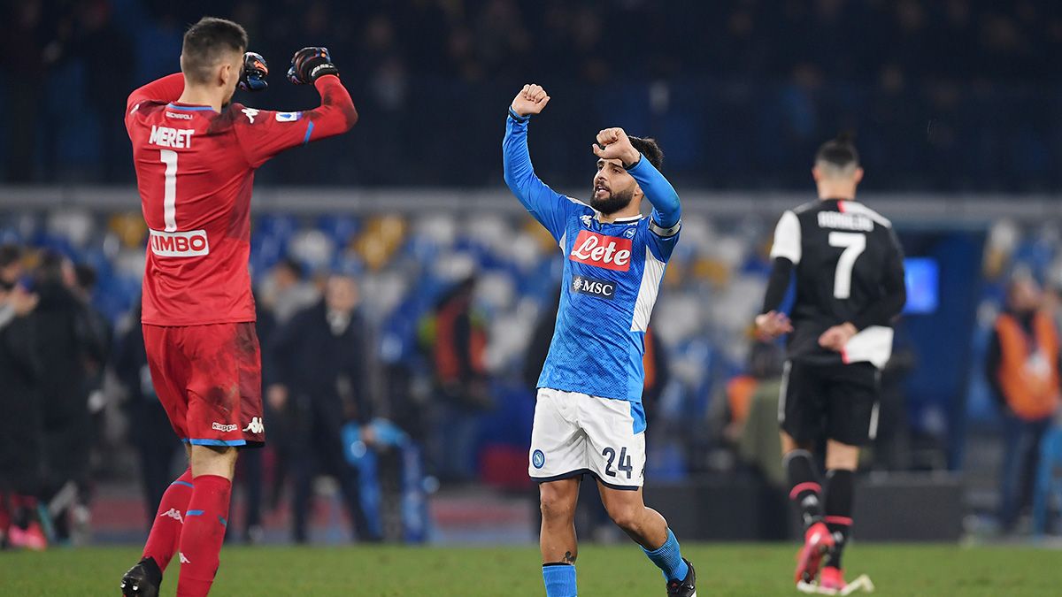 The players of Napoli celebrate a win against Juventus in San Paolo
