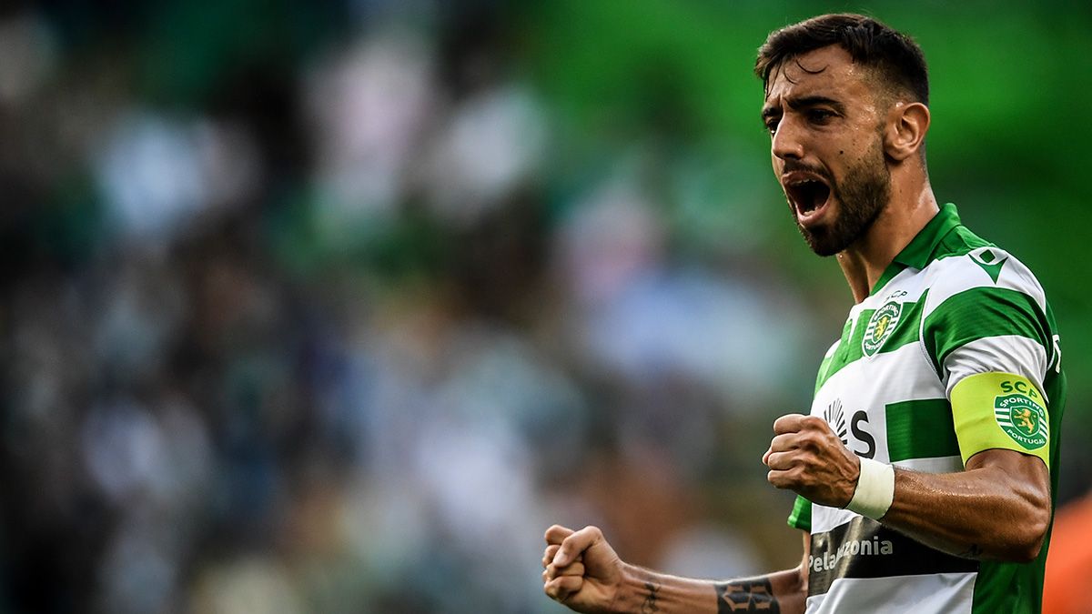Bruno Fernandes, target of Manchester United, celebrates a goal with Sporting Portugal