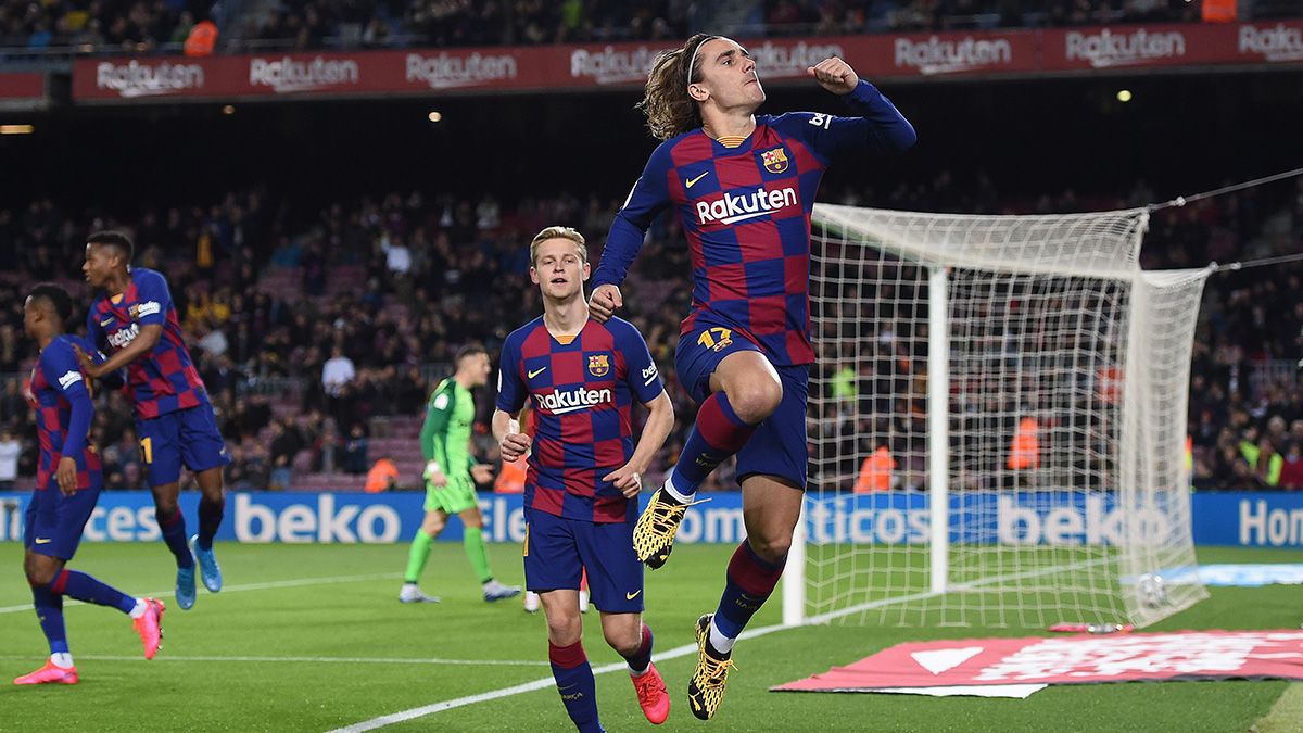 Antoine Griezmann celebrates a goal with Barça in the Copa del Rey