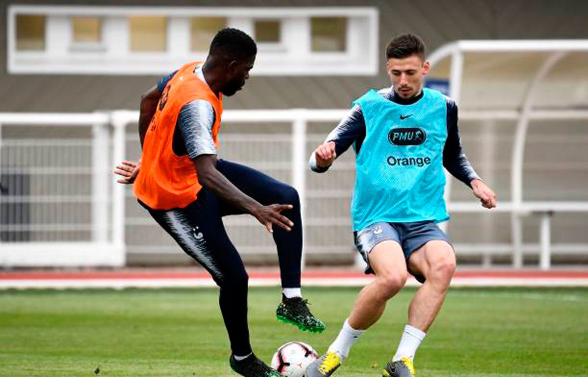 Umtiti y Lenglet durante un entrenamiento