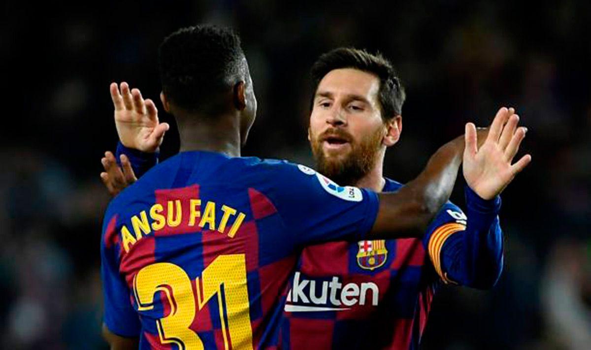 Ansu Fati and Leo Messi, celebrating one of the goals against the Levante