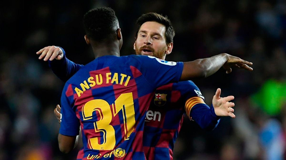 Ansu Fati y Leo Messi celebran un gol del Barça en LaLiga