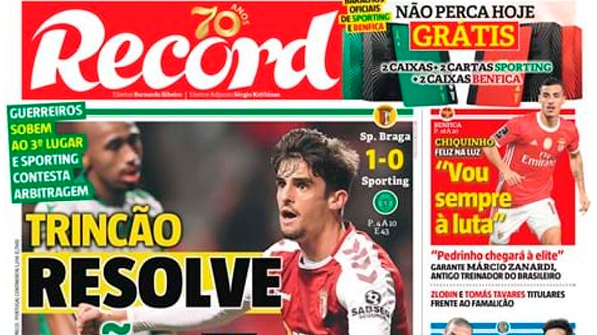 Francisco Trincao in the front page of the newspaper 'Record' | Record.pt