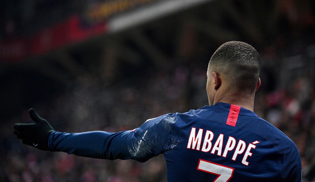 Kylian Mbappé, celebrating a goal with the Paris Saint-Germain