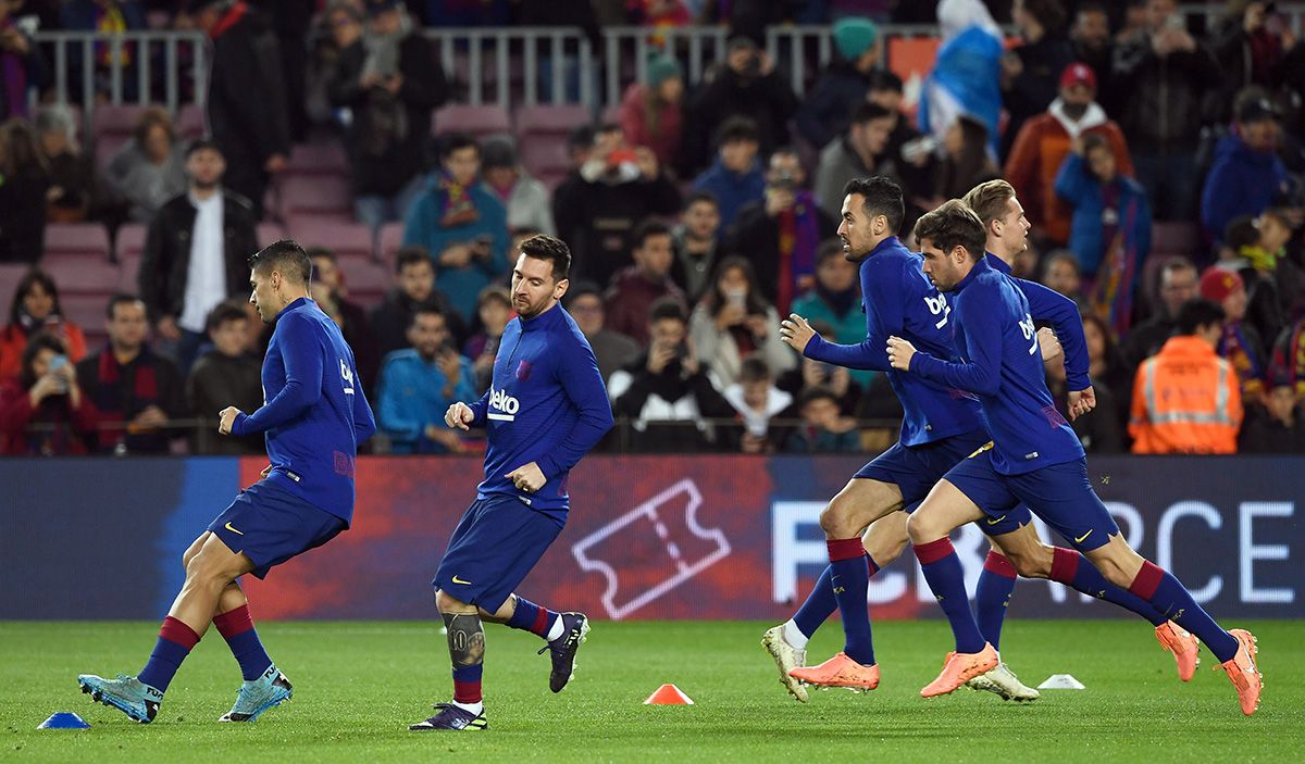 The FC Barcelona, during a warming before a match