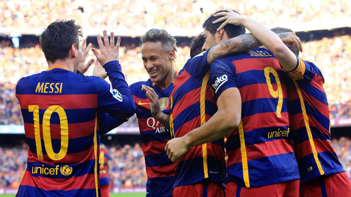 El FC Barcelona, celebrando un gol en el Camp Nou