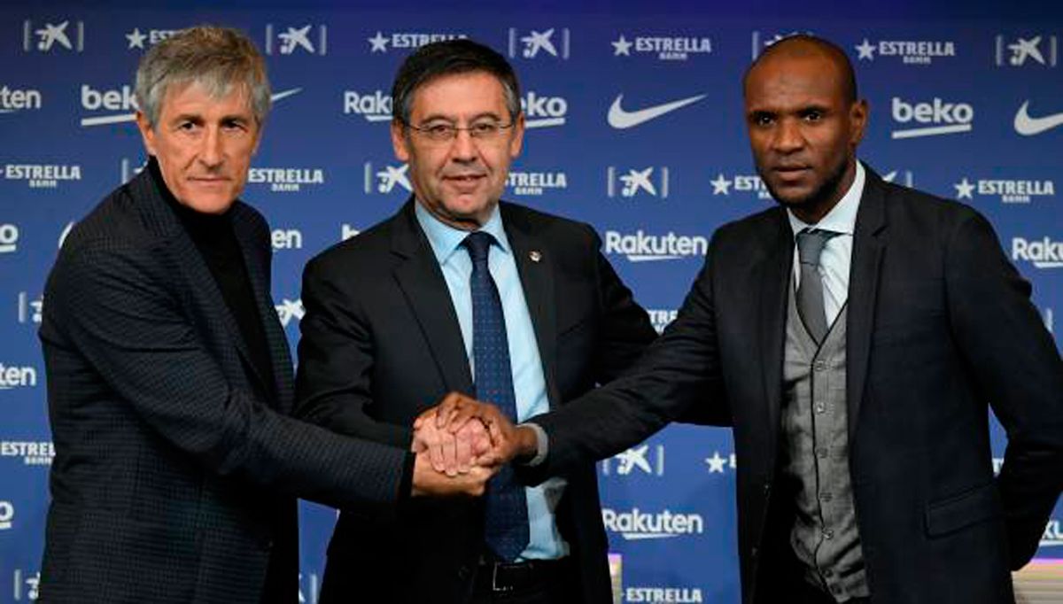 Quique Setién, Josep Maria Bartomeu and Éric Abidal in a press conference of the Barça