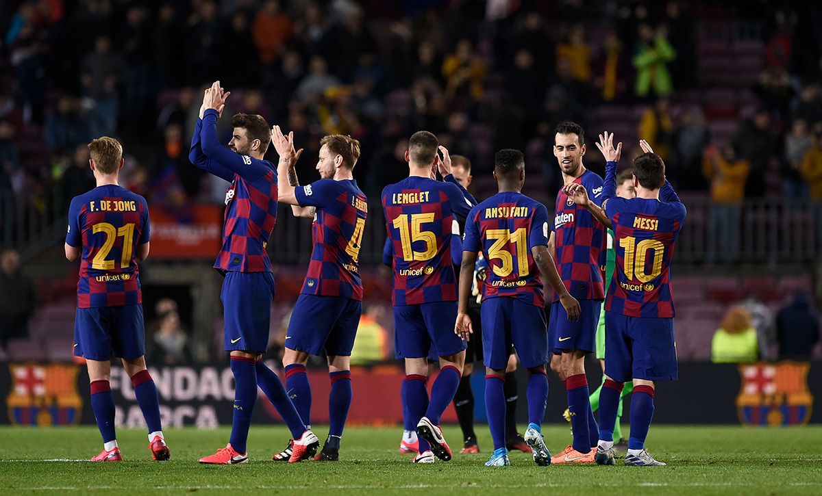 El FC Barcelona, celebrando un triunfo cosechado en el Camp Nou