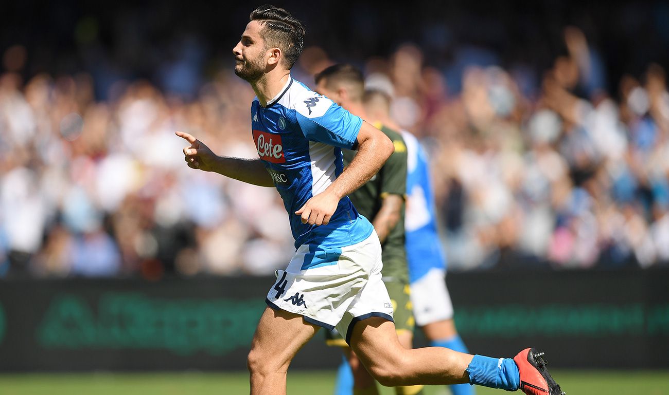 Kostas Manolas celebrates a goal with Napoli in the Serie A