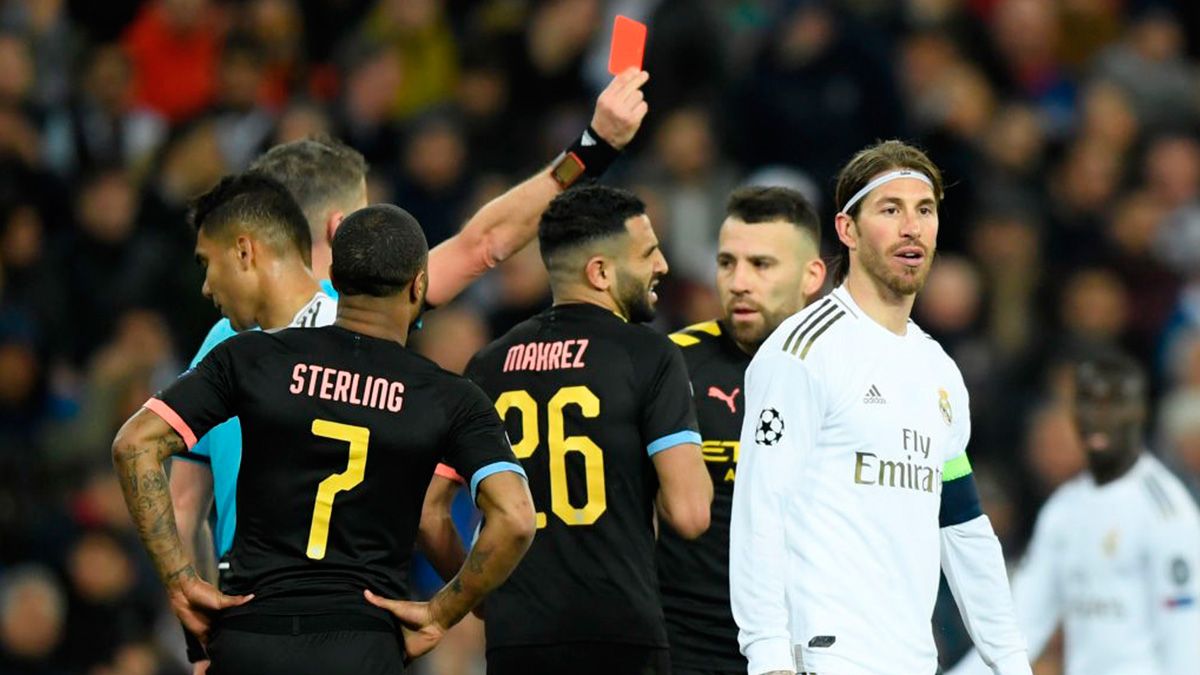 Sergio Ramos is sent out in the defeat of Real Madrid against Manchester City