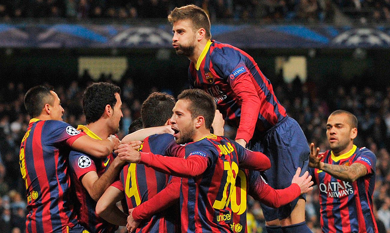 Los jugadores del Barça celebra un gol en Manchester