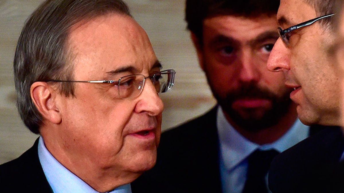 Florentino Pérez, Andrea Agnelli and Josep Maria Bartomeu in an act of the ECA