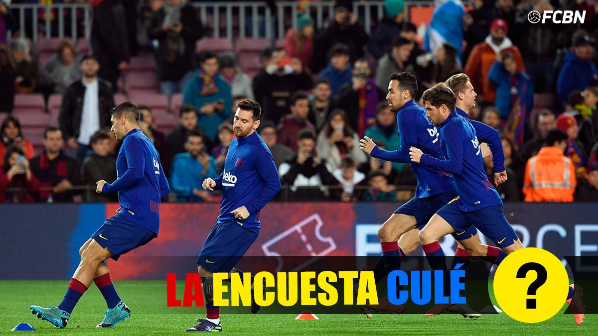Los jugadores del FC Barcelona, calentando antes de un partido