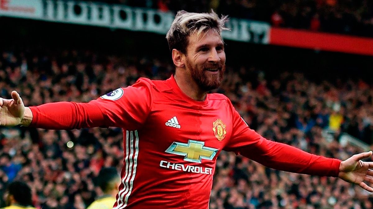 Montaje de Leo Messi vestido con la equipación del Manchester United | @LuisOmarTapia