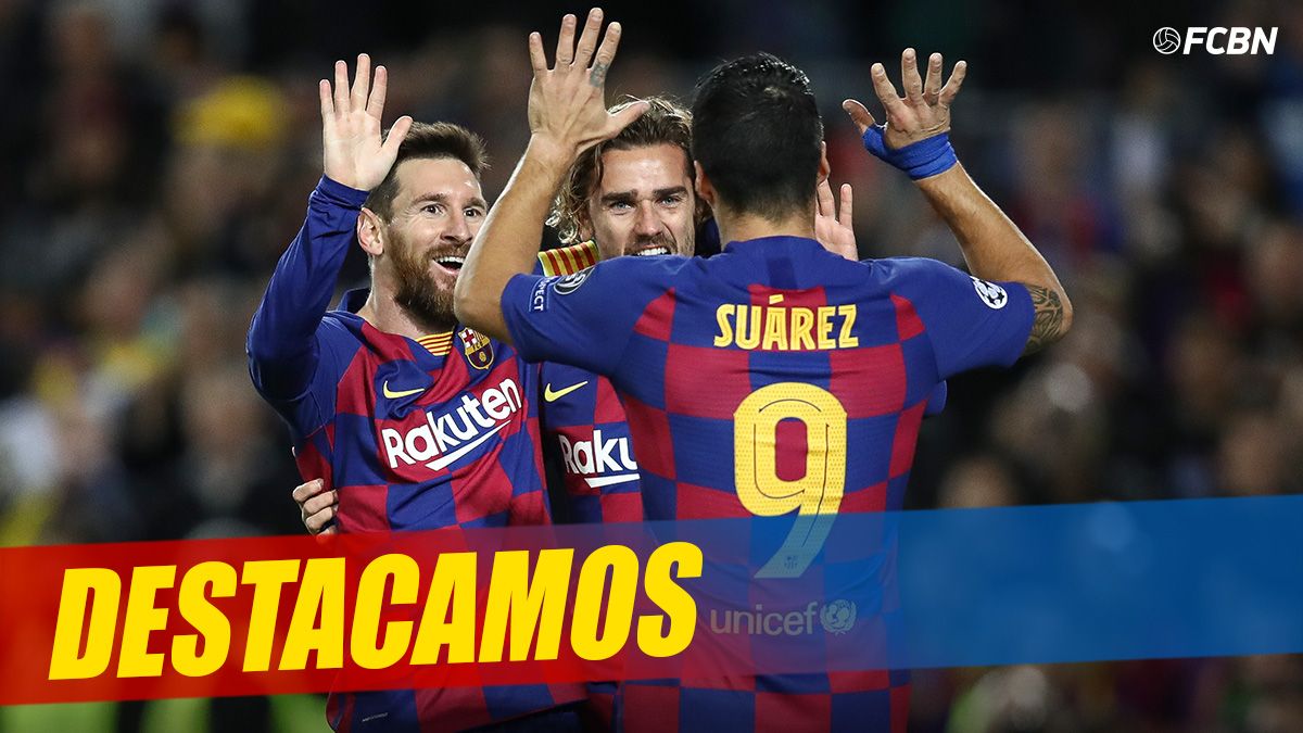 Messi, Griezmann and Luis Suárez, celebrating a goal with the Barça