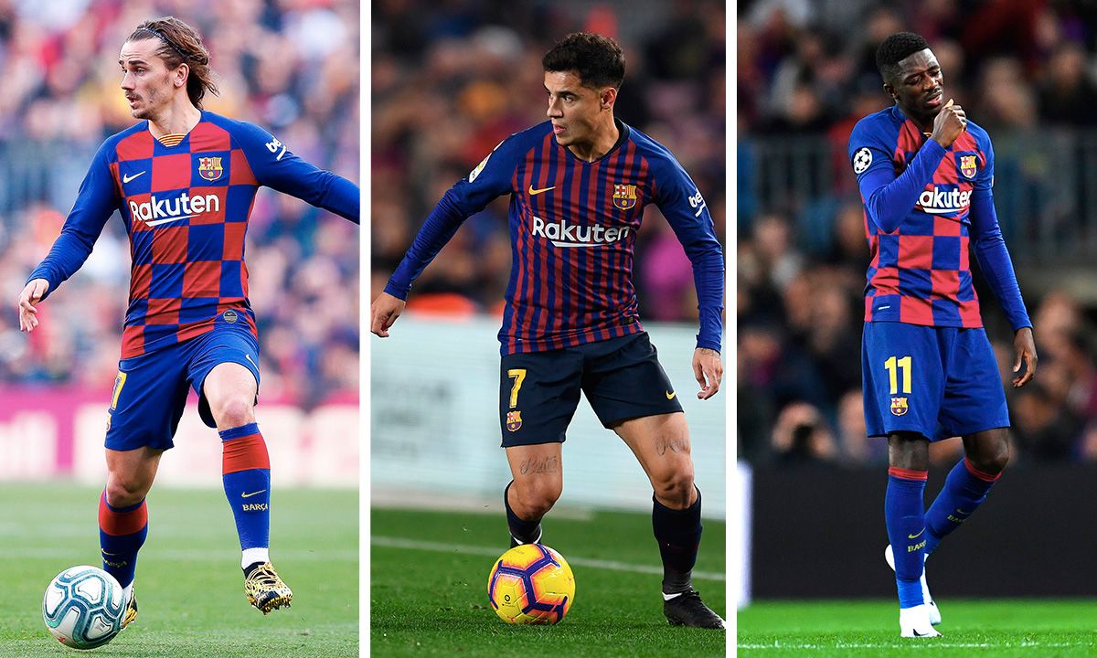 Griezmann, Coutinho and Dembélé, with the T-shirt of the FC Barcelona