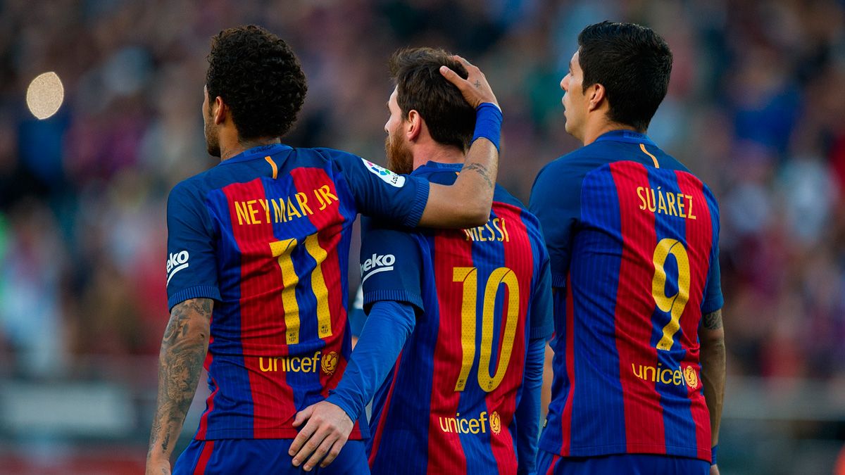 Neymar, Leo Messi and Luis Suárez celebrate a goal of Barça