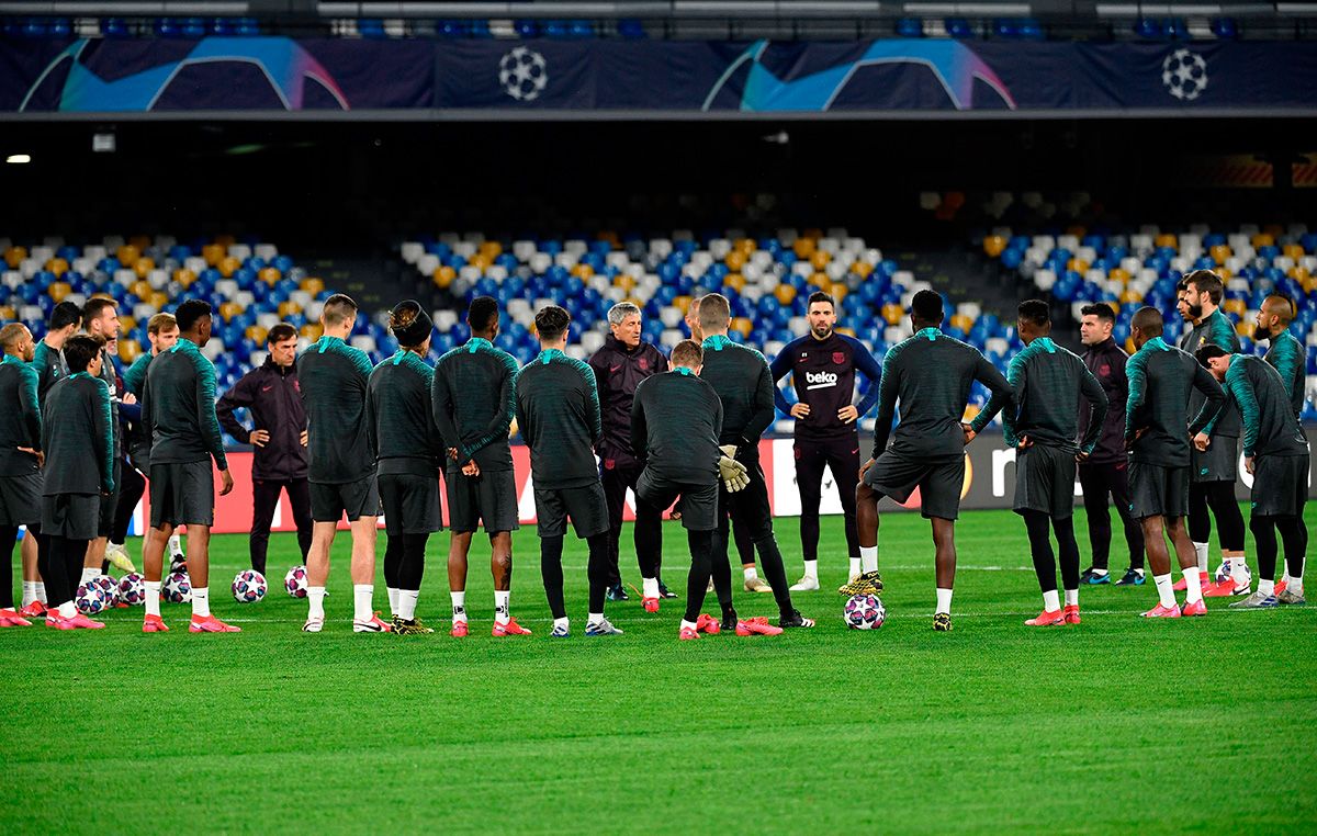 El FC Barcelona, entrenando antes de un partido de Champions League
