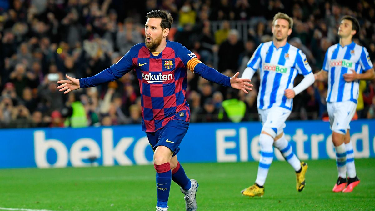 Leo Messi celebrates a goal of Barça in LaLiga