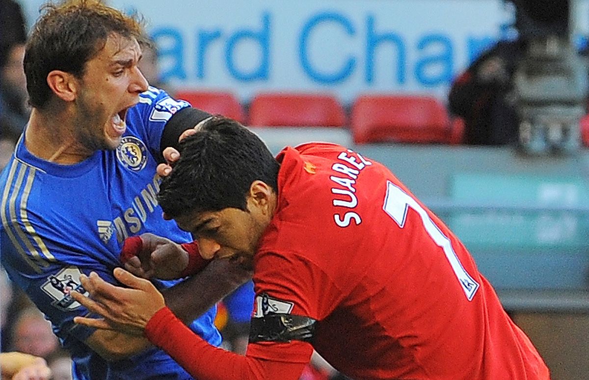 Luis Suárez, just after biting Ivanovic in 2013