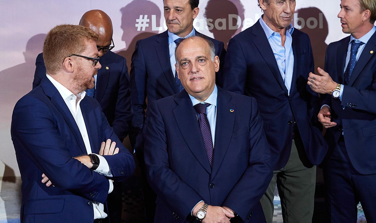 Javier Tebas, participando en un acto de Movistar