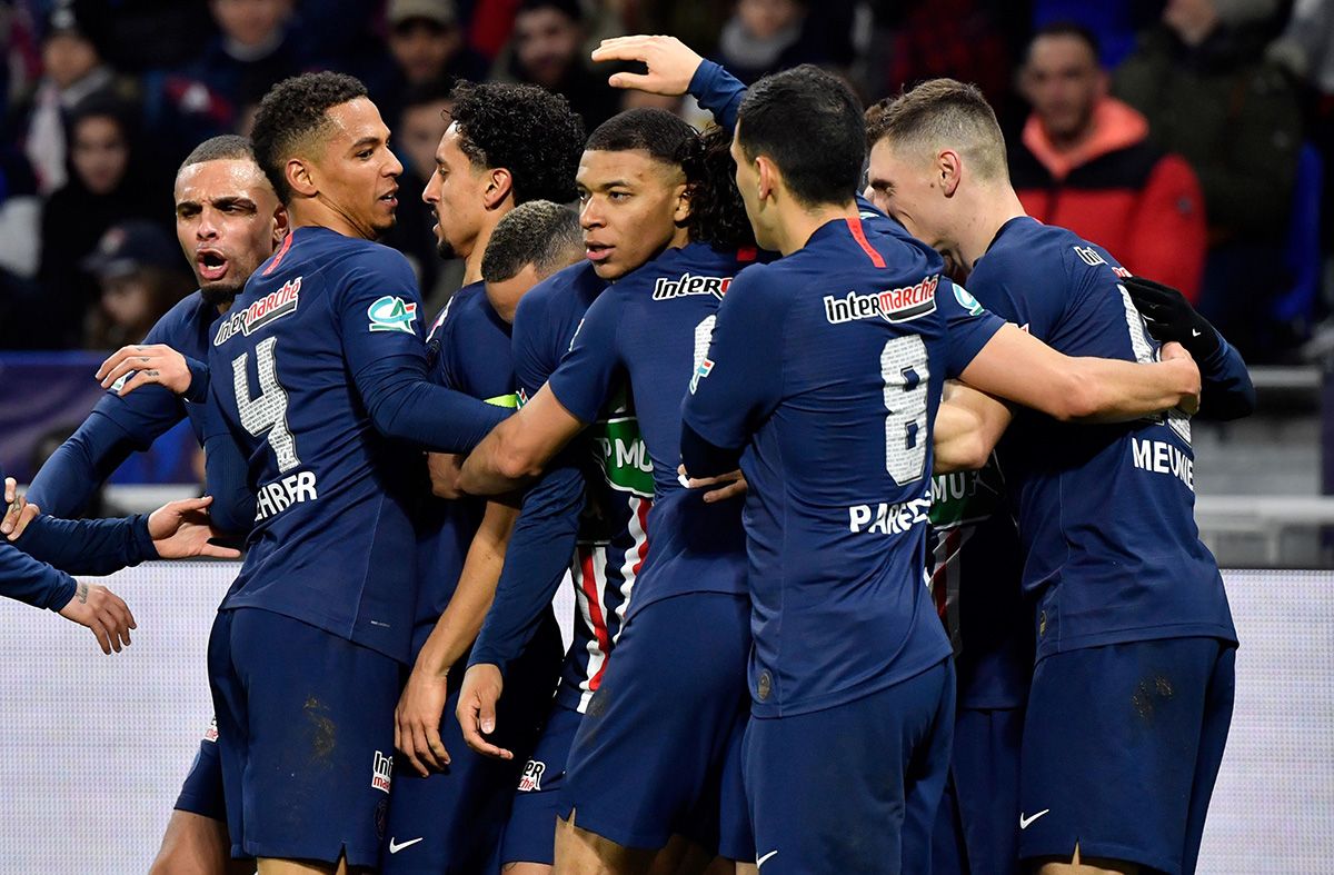 Paris Saint-Germain, celebrating a goal scored by Kylian Mbappé