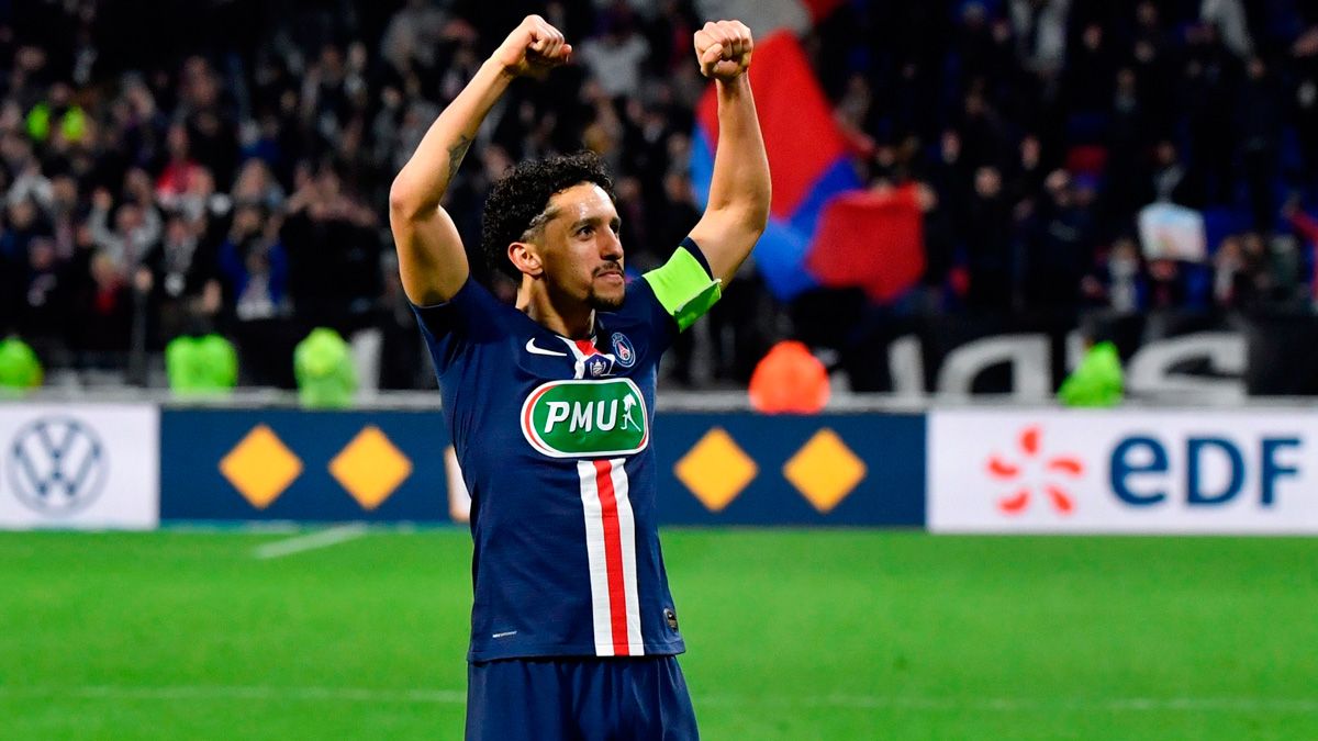 Marquinhos celebrates a goal with PSG in the French Cup