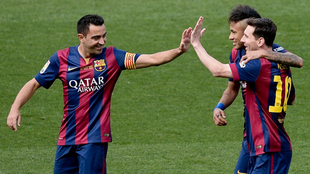 Xavi Hernández, Leo Messi and Neymar celebrate a goal of Barça
