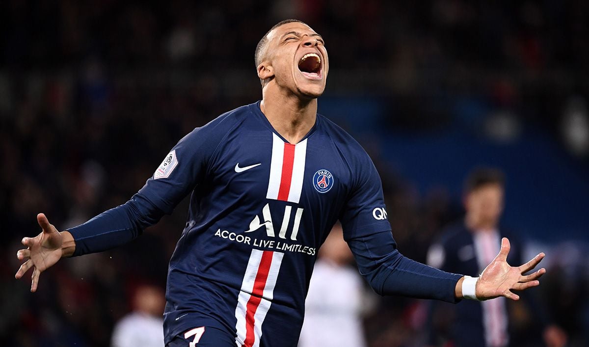 Kylian Mbappé, celebrating with anger a goal in Champions