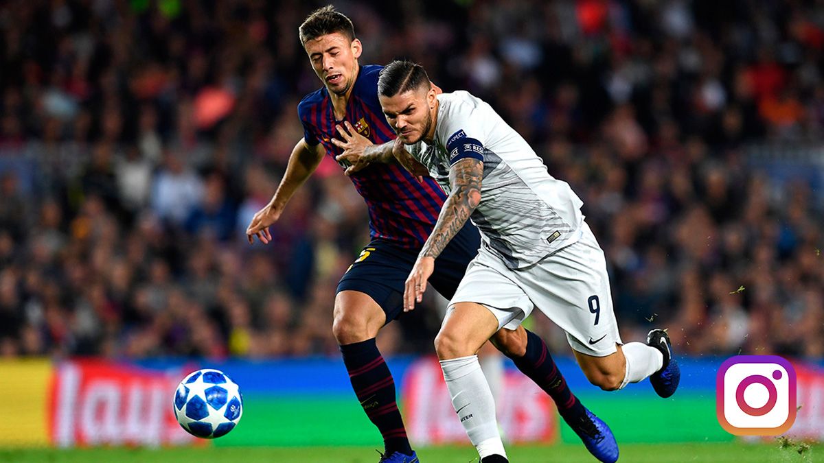 Mauro Icardi and Clément Lenglet, struggling for a ball in the Camp Nou