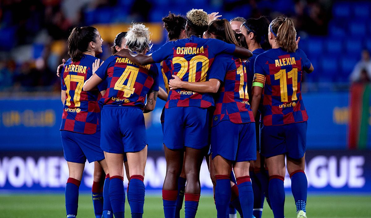 The players of the FC Barcelona, celebrating a goal