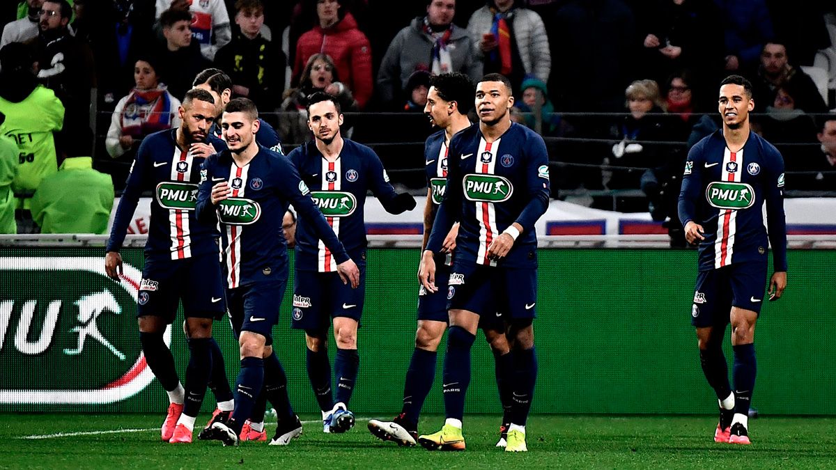 The players of PSG celebrate a goal in the French Cup
