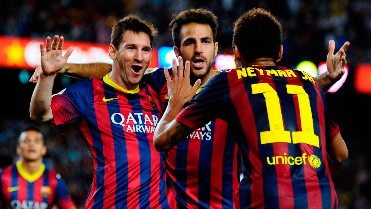 Leo Messi, Cesc Fàbregas y Neymar celebran un gol del Barça