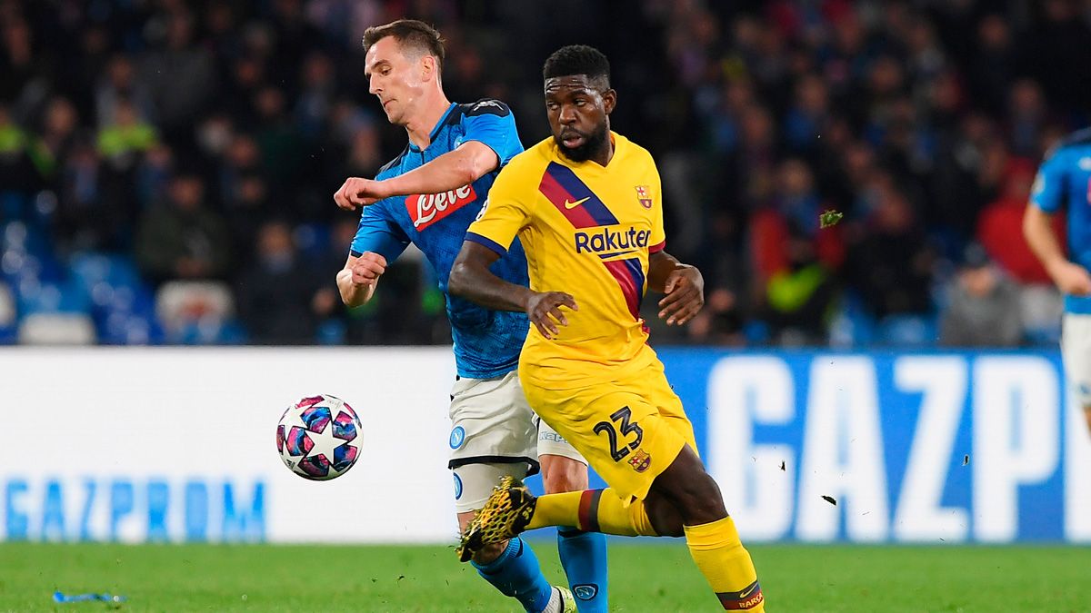 Samuel Umtiti in a match with Barça in the Champions League